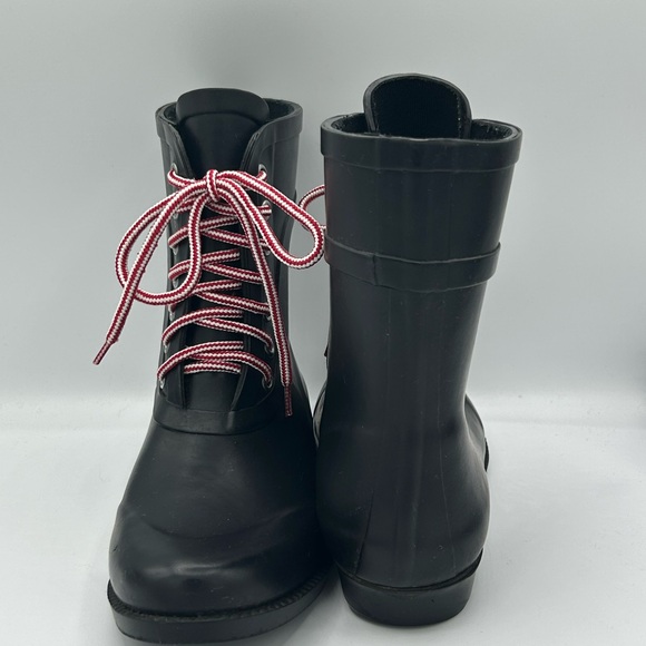 Black Women's J Crew Rain/Winter Boots with Red and White Laces. - Picture 6 of 10